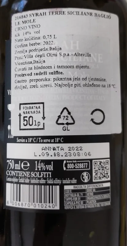 Vino Crveno Al Sole Syrah Baglio 0,75 l